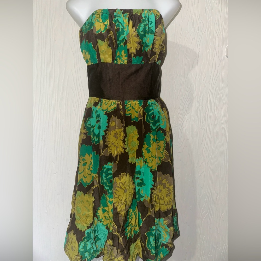 Plenty by Tracy Reese Brown Green Floral 100% Silk Strapless Bubble Size 4